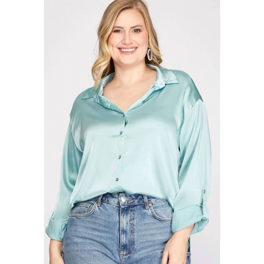 NEW SAGE & CLARE long sleeve woven satin shirts in seafoam